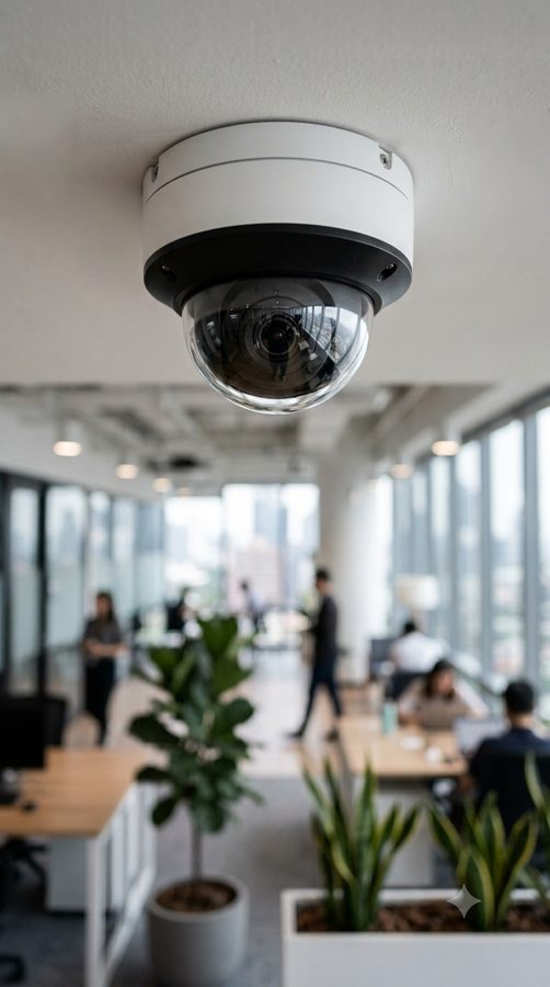 辦公空間天花板上的監視器，象徵完整的服務現場